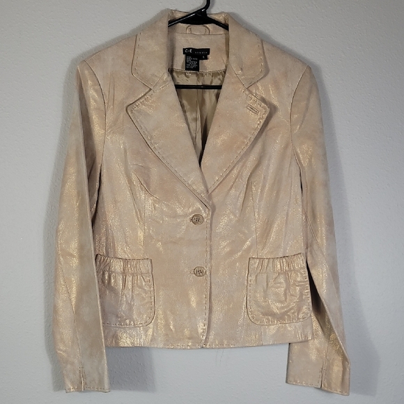 Y2K Vintage C&E Women Metallic Suede Leather Jacket Size 6/S Gold Champagne - Picture 1 of 16